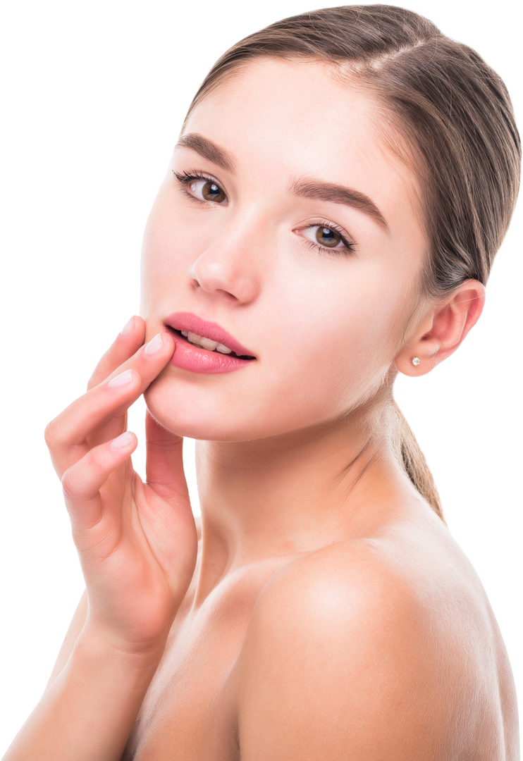 Mujer tocando suavemente sus labios en una imagen de estética facial
